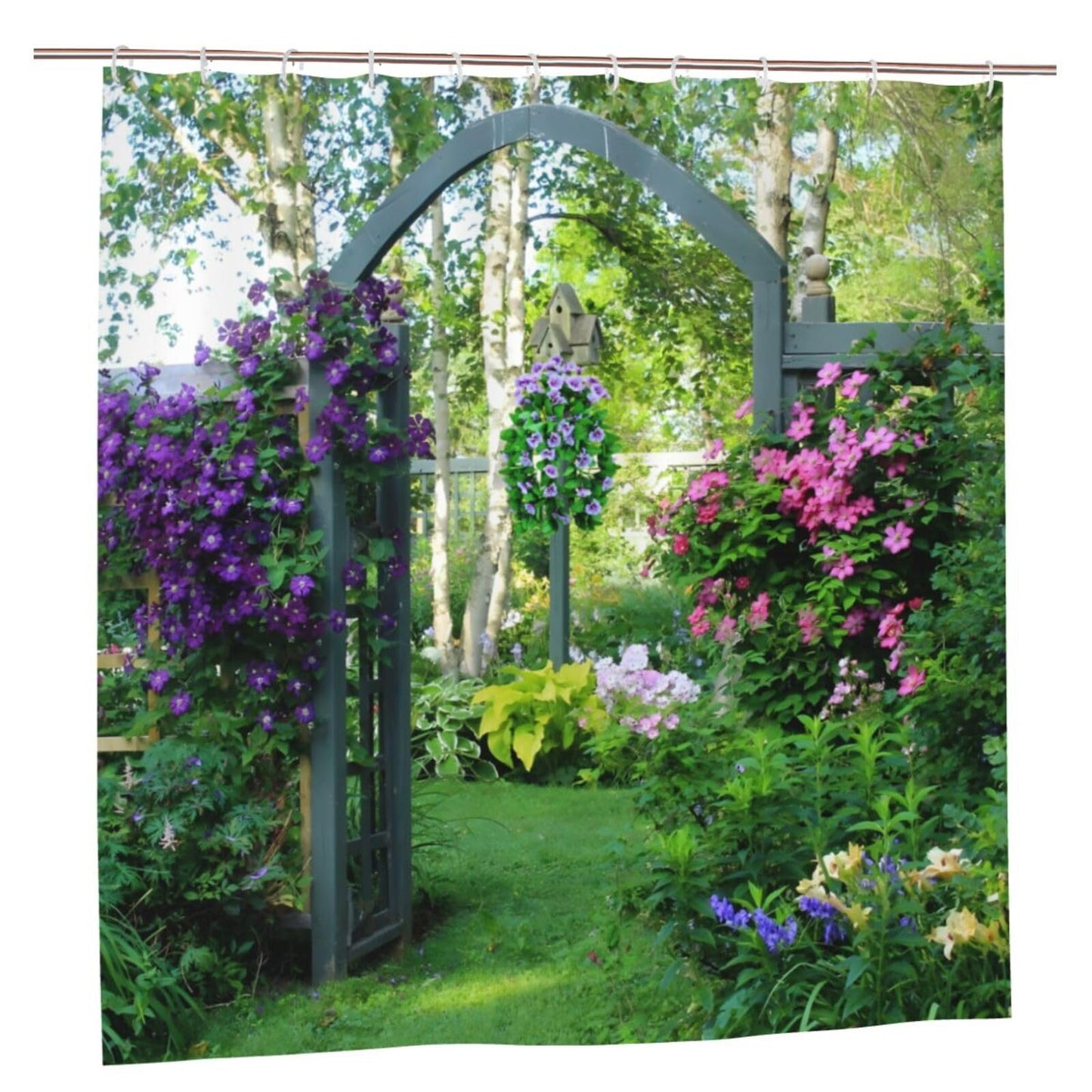 Newhomestyle Morning Glory Garden Scenery Shower Curtain, Waterproof Polyester Fabric Purple Floral Outdoor Bathroom Curtain