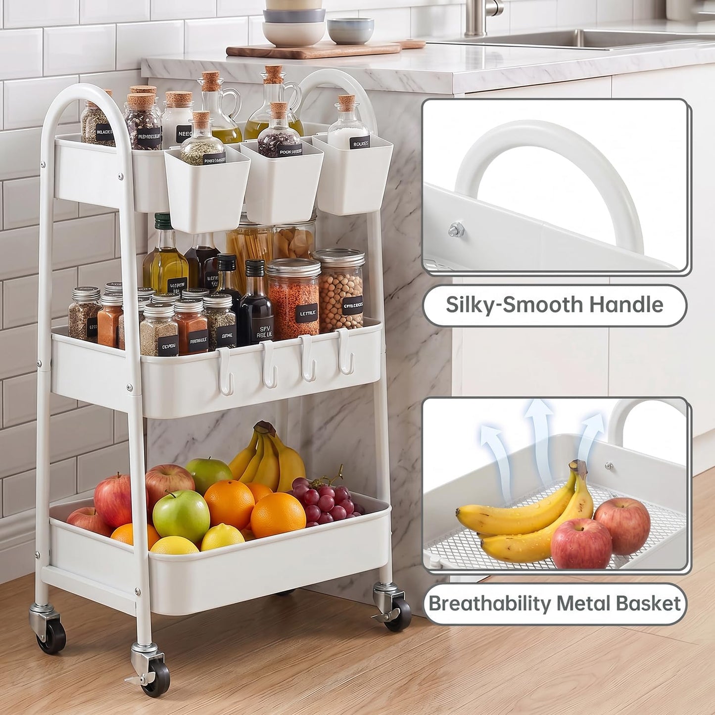 danpinera 3-Tier storage trolley, Metal storage cart with Lockable Wheels & Hanging Cups & Hooks, storage trolley on wheels for bathroom, kitchen