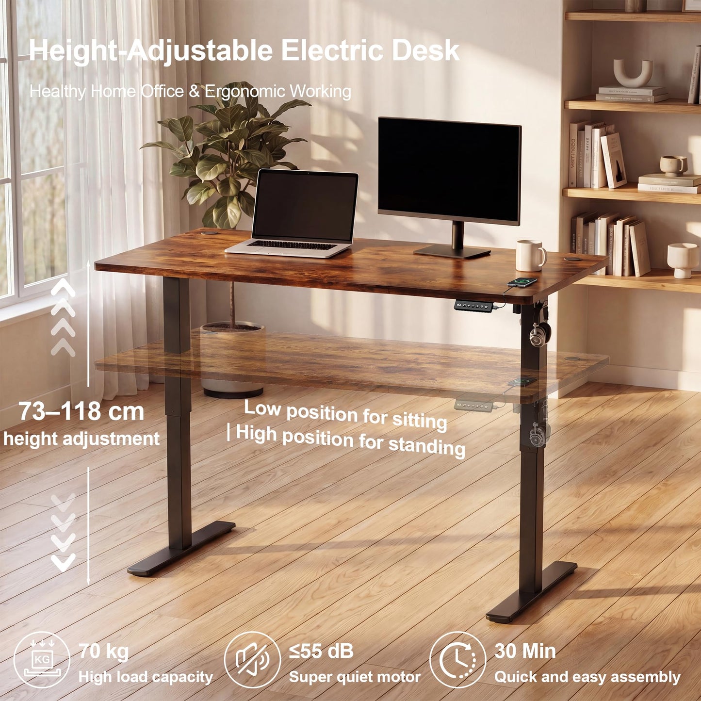 JUMMICO Electric Standing Desk 100x60cm – Height Adjustable with USB Charging, Sedentary Reminder, Memory Heights for Home Office Use, Rustic Brown