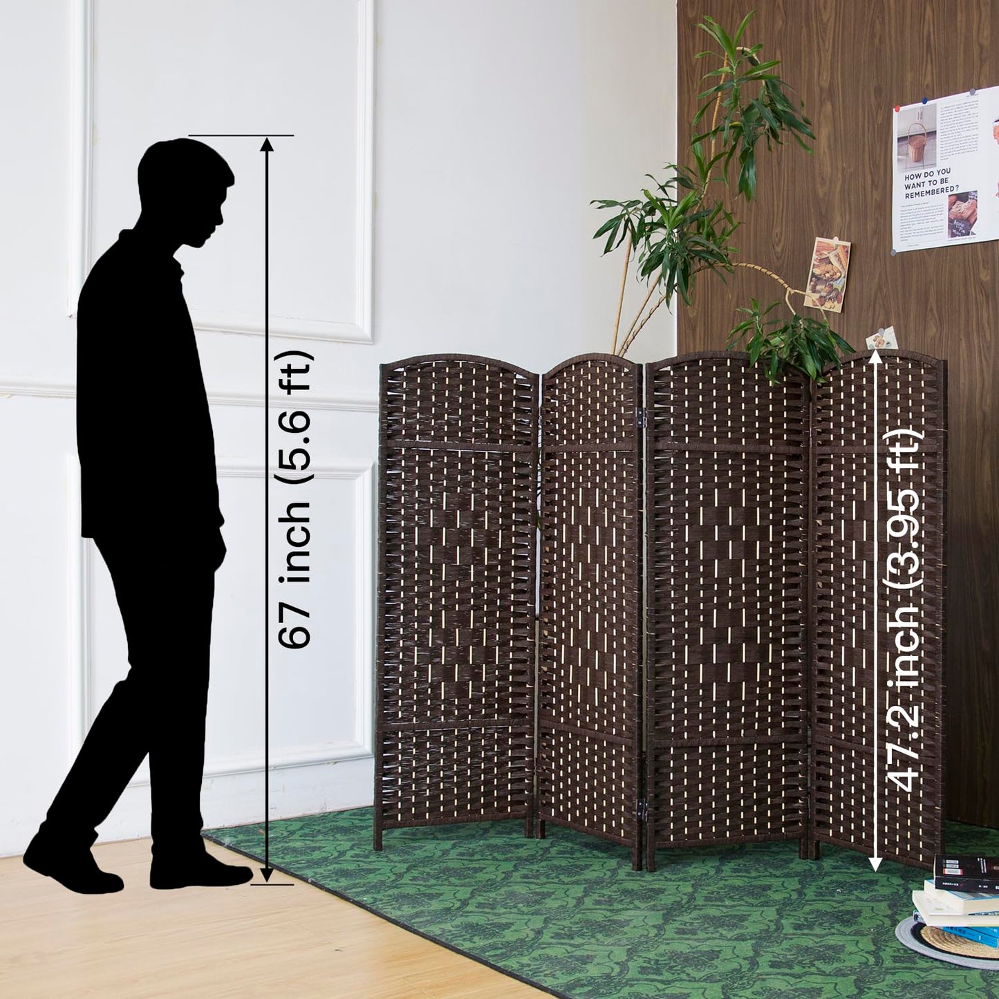Furnnylane 4 Panel Dark Brown Rattan Divider Short Room Partition Screen,Double Sided Short Folding Divider for Room Separation,120 cm Tall