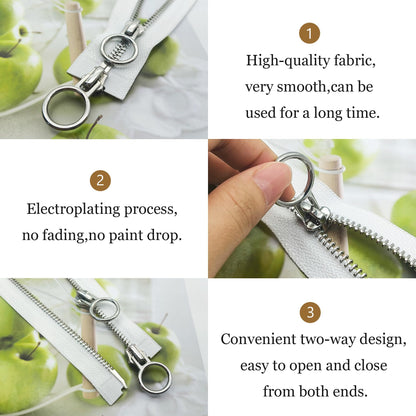 XCSJ #5 Zipper, Metal Zip, 2-Way Separable Sewing for Jackets, Coats, Down Jacket, Suitcase, Tent, Bag, DIY Sewing Craft White, 70 cm