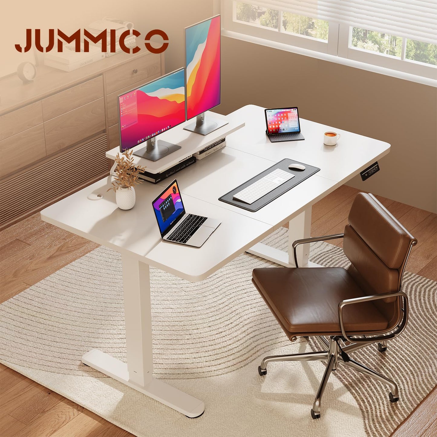 JUMMICO Electric Standing Desk with Monitor Stand, 140x60cm Height Adjustable Desk, Office Table with 2 Memory Smart Pannel,White