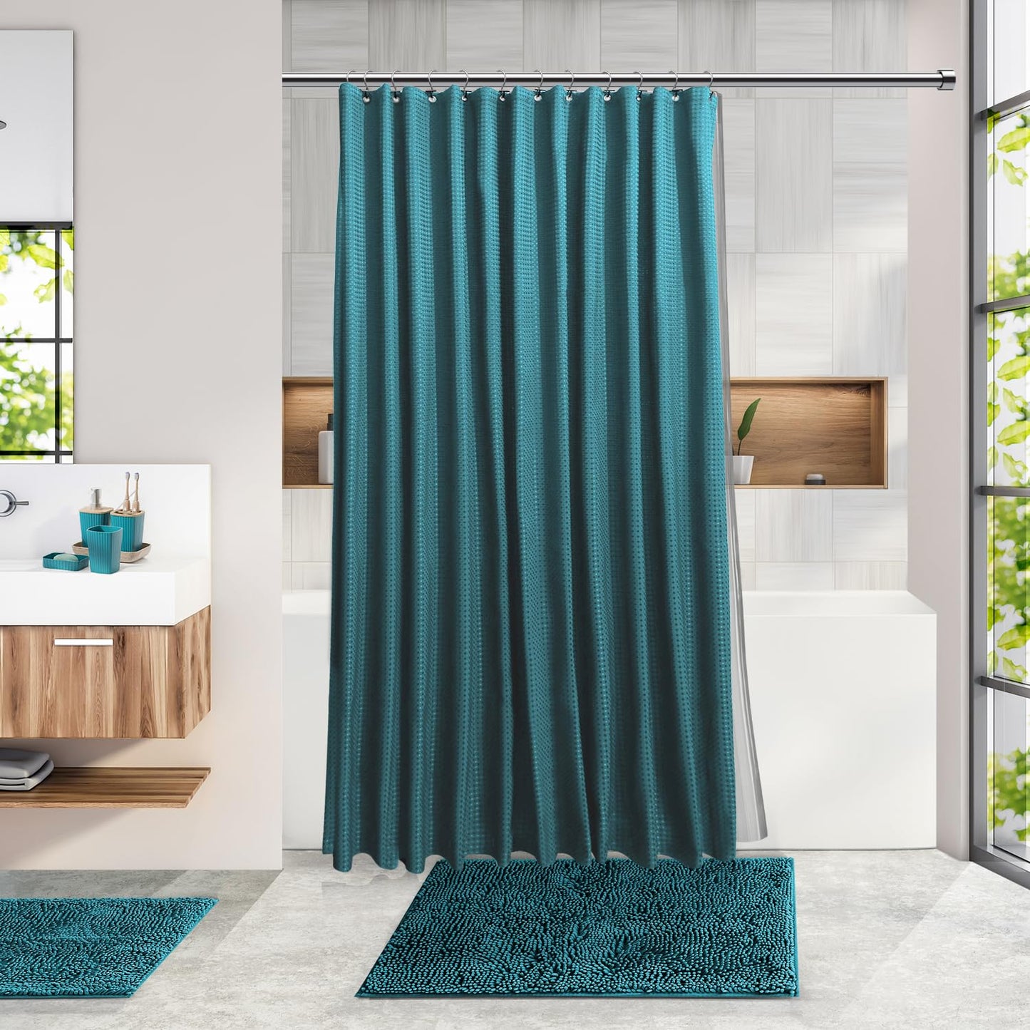Shower Caddy and Bathroom Accessories Set with Bath Rugs, 27PC Bathroom Accessory Set with Shower Caddies Teal Bath Rugs, Shower Curtain Set