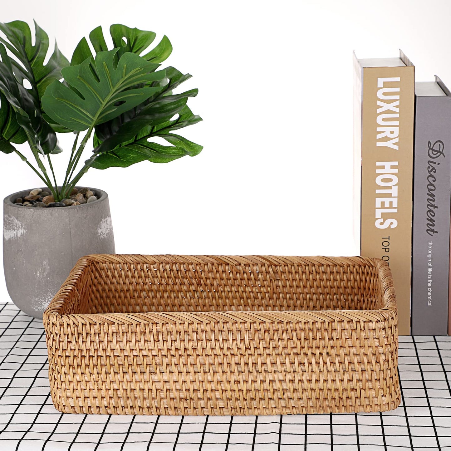 IGNPION Rectangle Rattan Woven Fruit Basket Wicker Food Tray Storage Holder Home Bathroom Kitchen Storage Basket