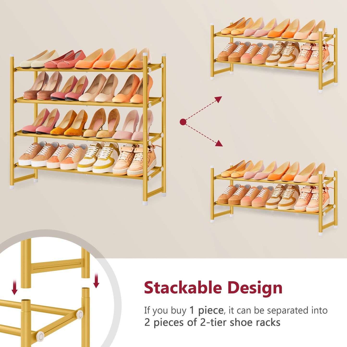 Tajsoon Expandable Shoe Rack for Closet 4 Tier, 28“-41“Stackable, Gold