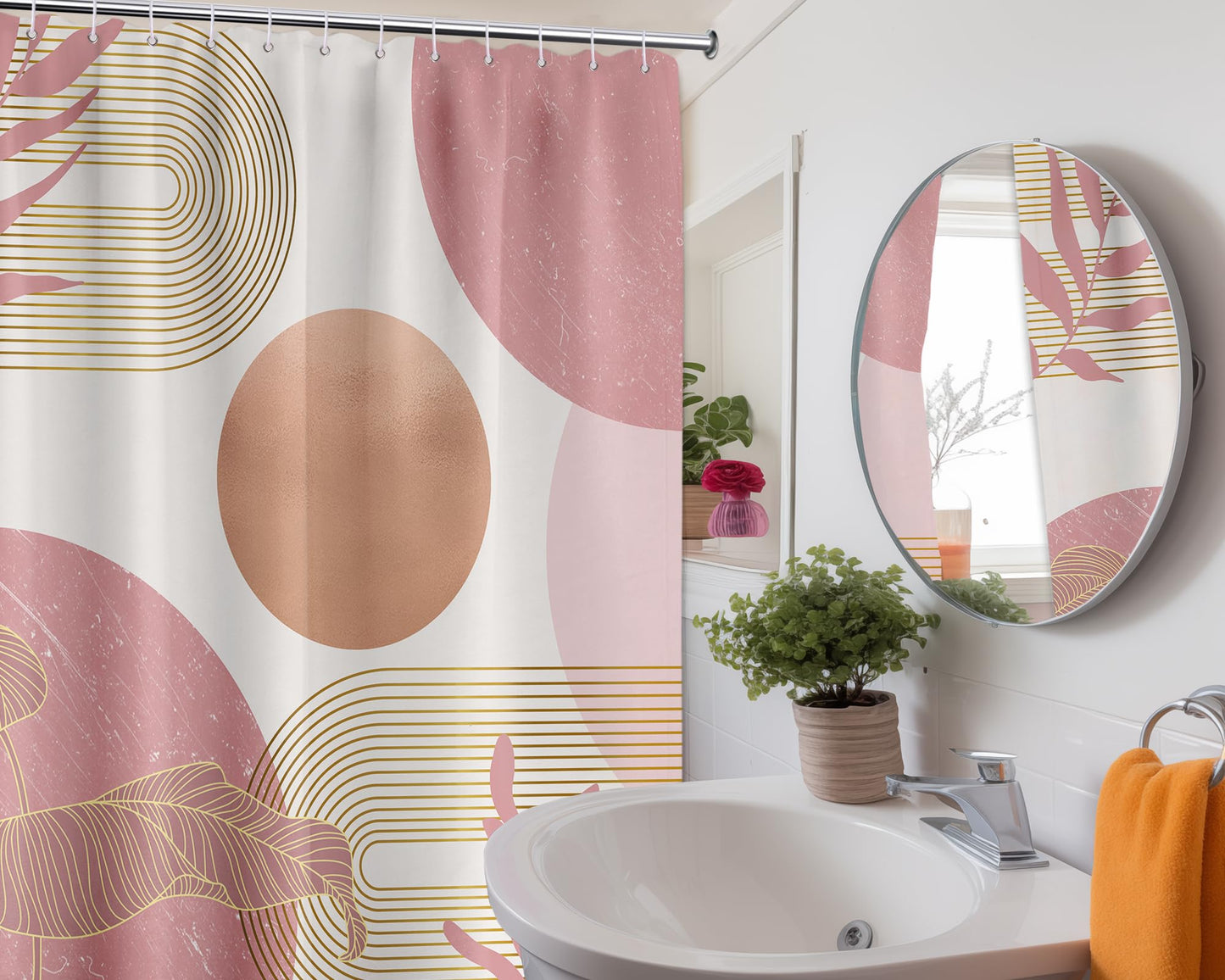 LanZanthic Blush Pink Boho Shower Curtains for Bathroom Light Pink and White Women MCM Wet Room Shower Curtain with hooks, Mould Proof Resistant
