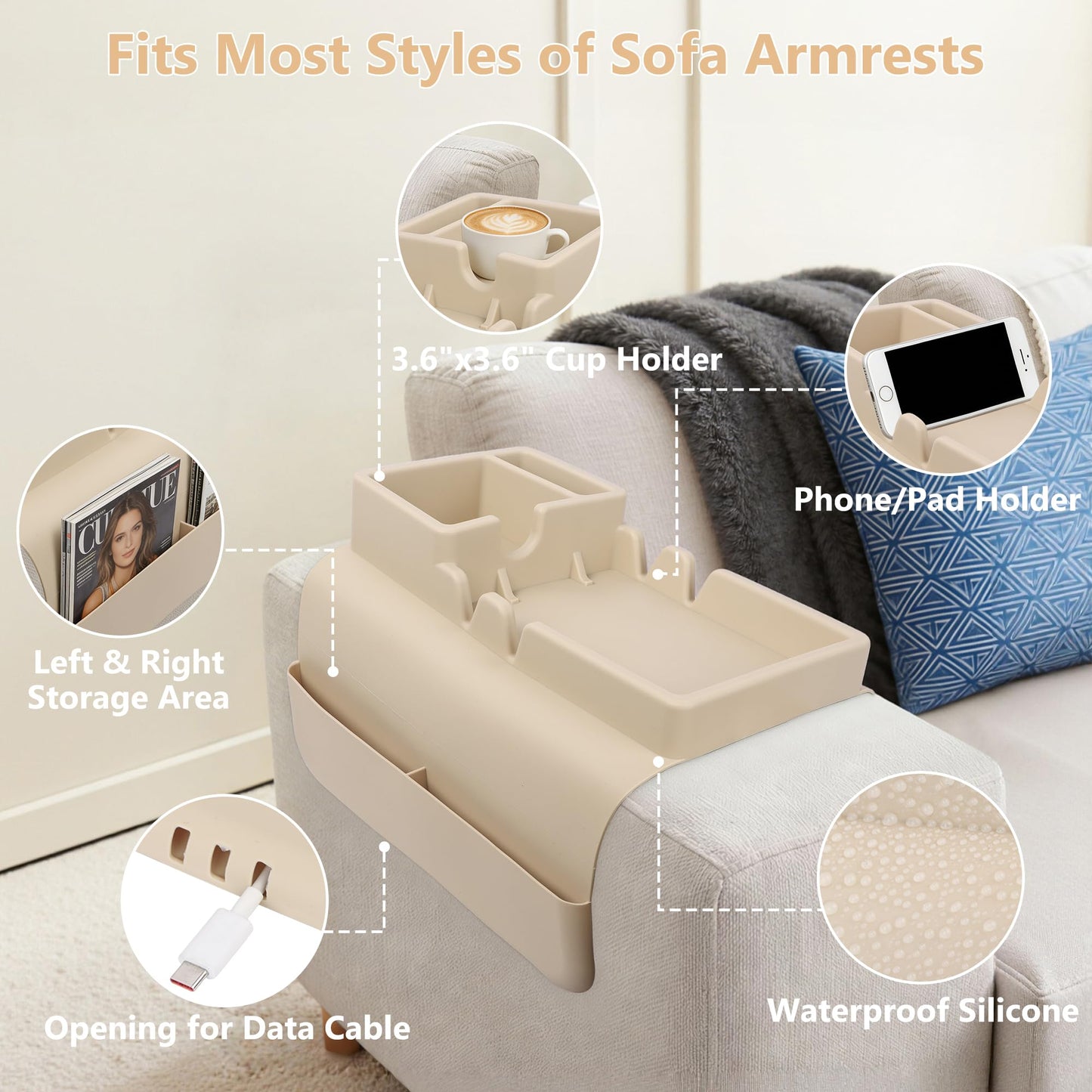 Silicone Sofa Arm Tray, Couch Cup Holder Tray, Sofa Armrest Organizer