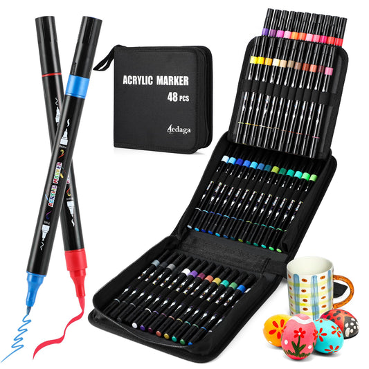 48 Colours Acrylic Paint Markers, Dual Tip Acrylic Paint Pens with Brush Tip and Fine Tip for for Adults, Eggs, Wood, Rock, Canvas, Plastic, Stone,