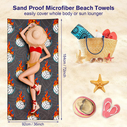 Violetpos Flaming Volleyball Beach Towel, Extra Large 180x90 cm 250GSM Microfibre, Sand Free Quick Dry