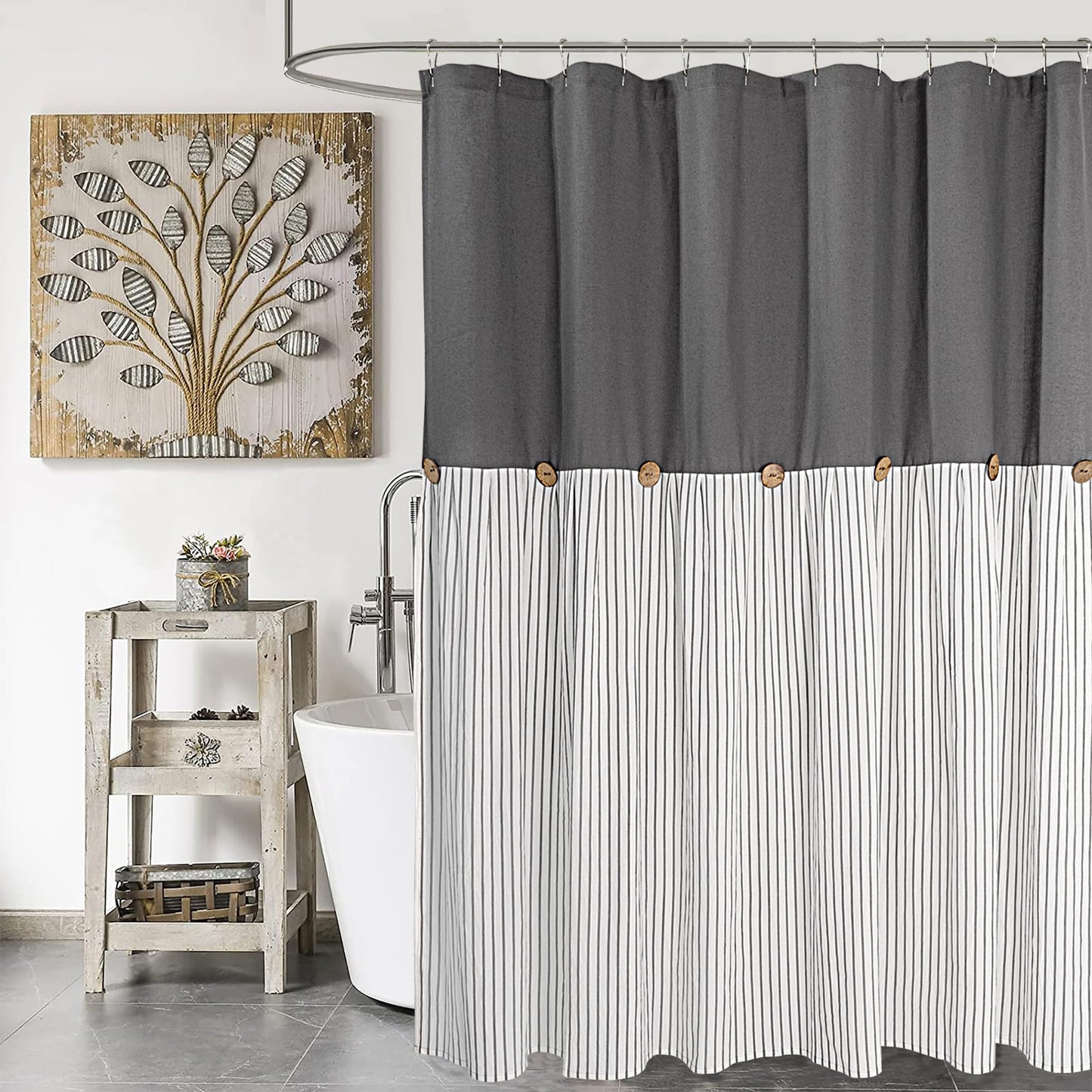 DOSLY IDÉES Linen-Cotton Shower Curtain, Country Style, Grey Striped, Buttons, Woven Fabric, Pleated, 180 x 180 cm