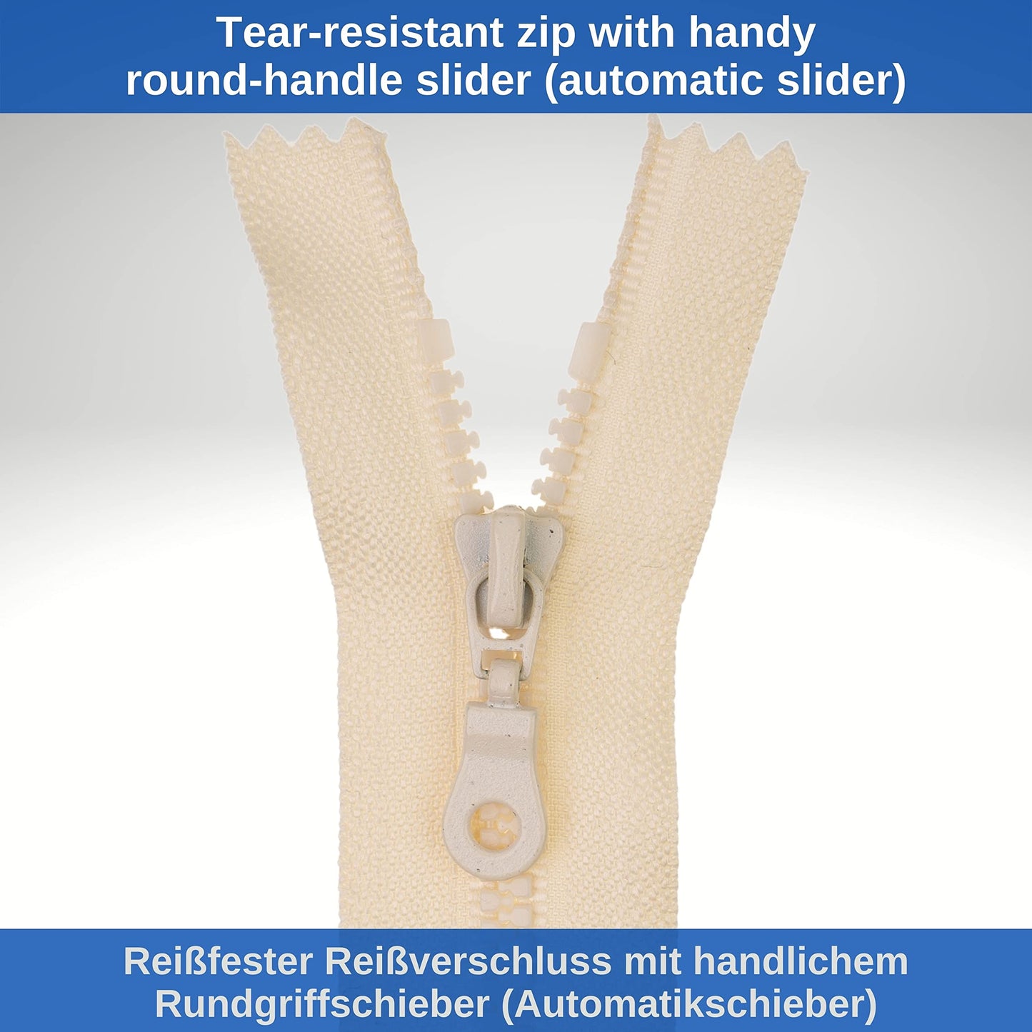 Non-Divisible Zip, 2 Pieces, 45 cm Rail Length, in Beige, #3 Zip Size, 4.5 mm Rail Width, 30 mm Tape Width, Replacement Plastic Zip