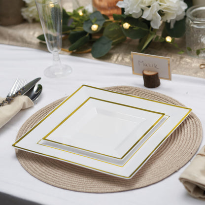 MATANA 120 Premium White Square Plastic Plates with Gold Rim - 60 24cm Dinner Plates, 60 16.5cm Dessert Plates - Elegant & Reusable Party Plates for