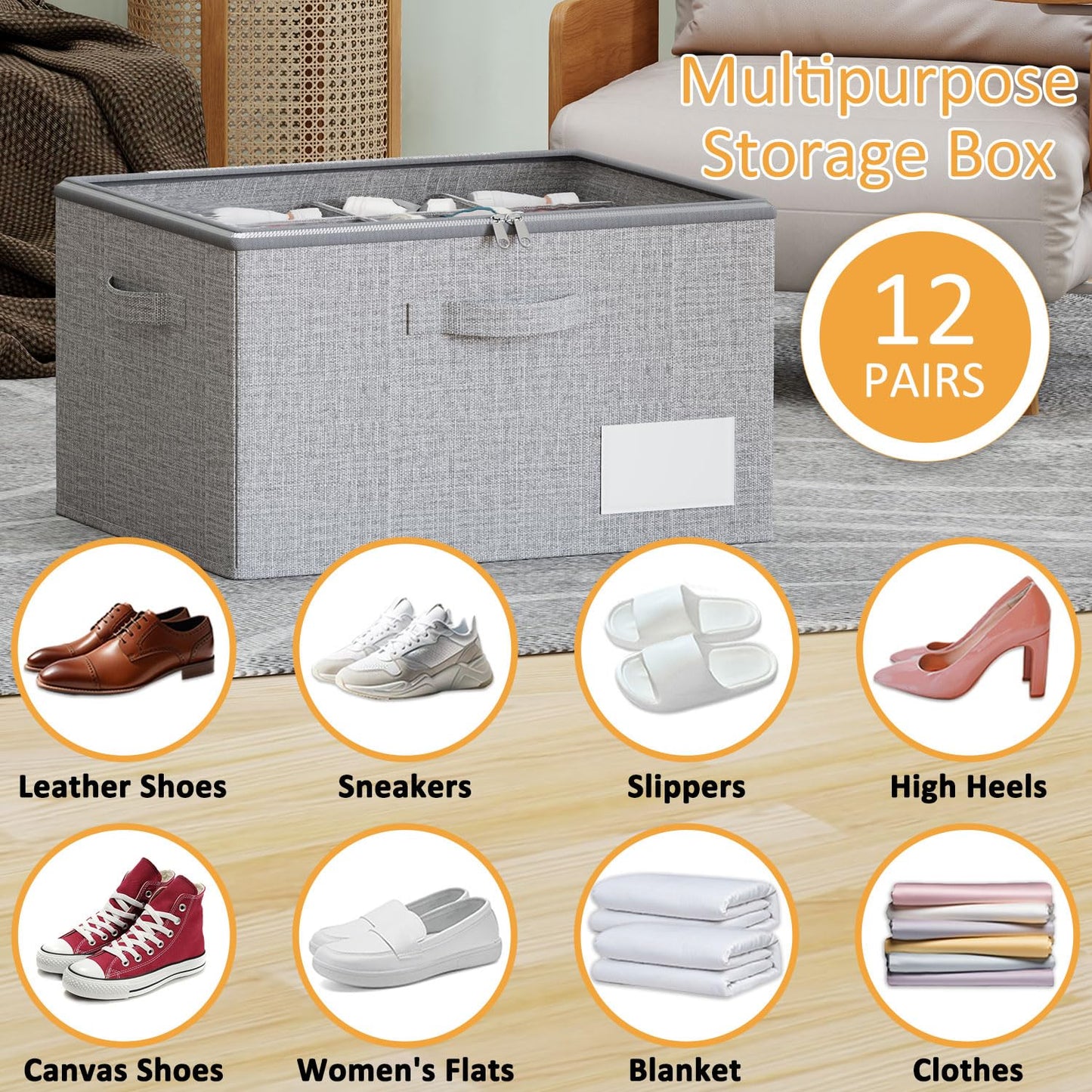 WANGIRL Fabric Shoe Storage Box, Fits 12 Pairs, Foldable Shoe Organiser for Wardrobe with Clear Lids, Bottom Support and Reinforced Handles