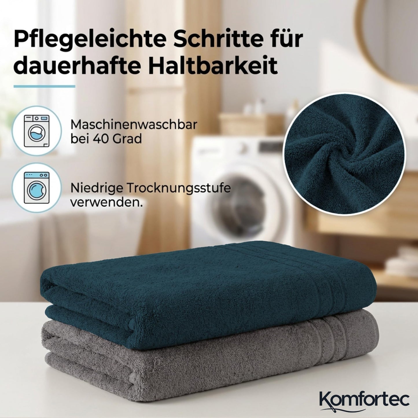 Komfortec Jumbo Bath Towels, 100% Cotton, Quick Dry, 80x200, Grey & Teal