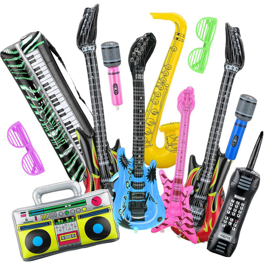 Inflatable Instruments Party Props Set, Inflatable Microphones Rock Star Guitars Balloons Kit with Inflatable Saxophone Piano for 80s 90s Themed Disco