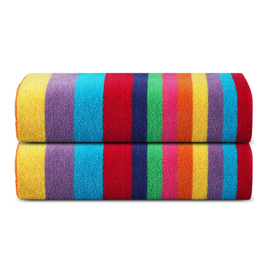 SweetNeedle Beach Towels for Adults Pack of 2 - Miami Vibe Multi Cabana Stripe Classic - 100% Cotton Terry Ringspun Pool Towel, Quick Dry, Super
