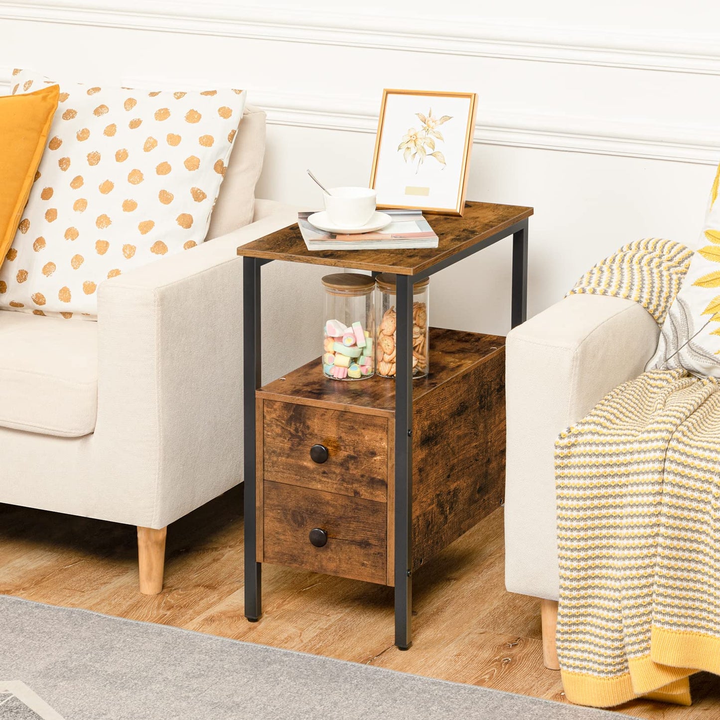 HOOBRO Narrow Side Table, Slim Bedside Table with 2 Drawers, Open Storage Shelf, Industrial Chair Side Lamp End Table for Small Space, Wood Bedroom