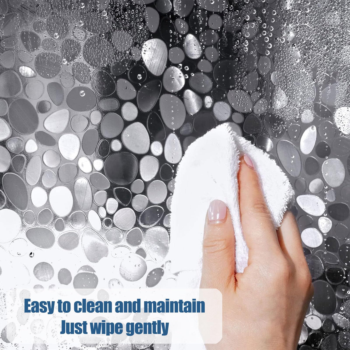 QEEROYO 180 x 200 cm Transparent Anti-Mould Shower Curtain, Waterproof EVA Plastic, 3D Clear Pebble, 12 Hooks, Antibacterial, for Wet Room, Bathtub