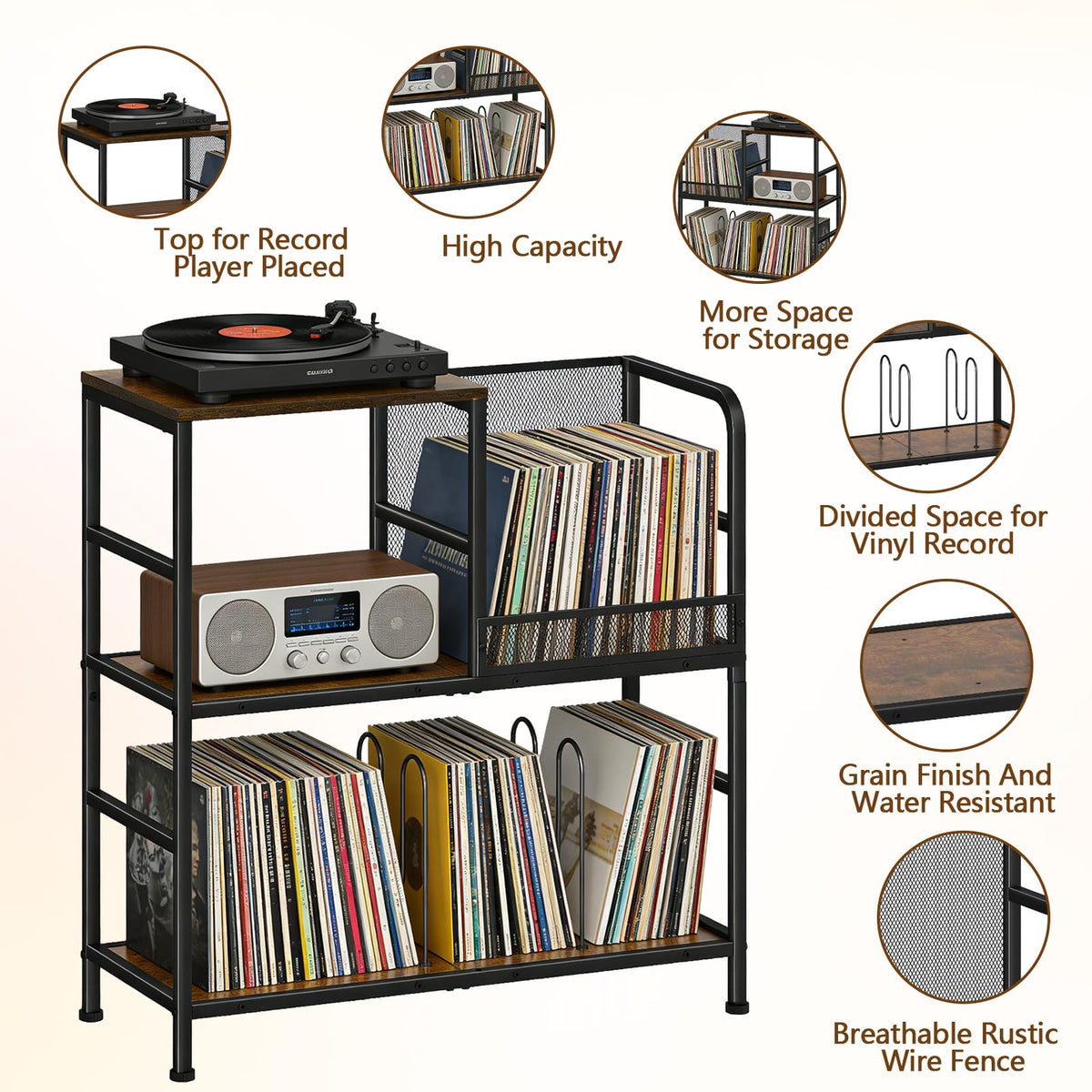 3 Tier Record Player Stand, Vinyl Storage Turntable Holds Up to 150 Albums