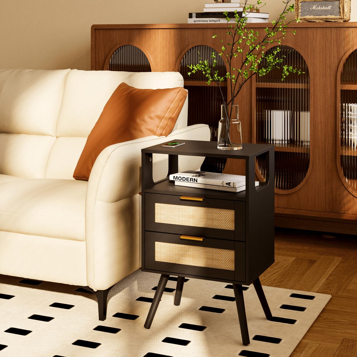 JERX Rattan Bedside Table, Farmhouse Nightstand with 2 Storage Drawer and Open Wood Shelf, for Living Room, Bedroom and Small Spaces