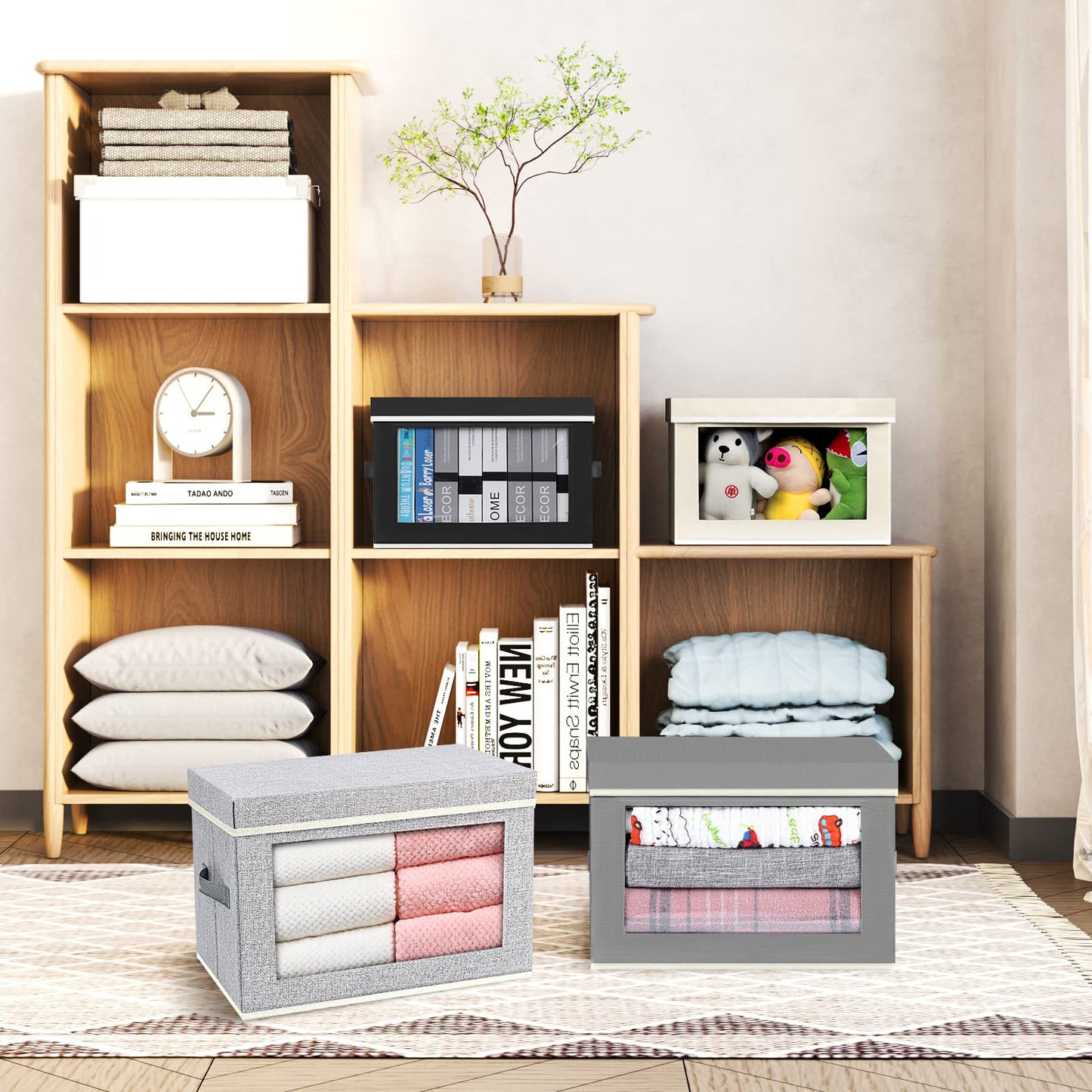 Homsorout 3 Pack Storage Boxes with Lids Foldable Storage Cubes with Transparent Window Fabric Storage Organiser Box for Toys, Clothes, Books