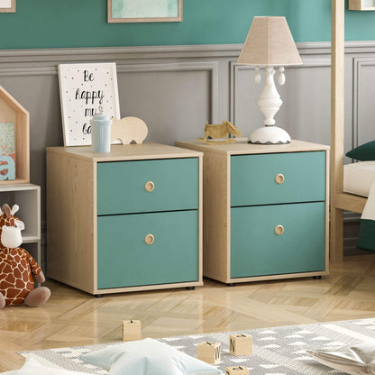 Junior Vida Neptune 2 Drawer Bedside Table Cabinet Chest of Drawers Bedroom Storage Children's Kids Furniture, Set of 2 Blue & Oak