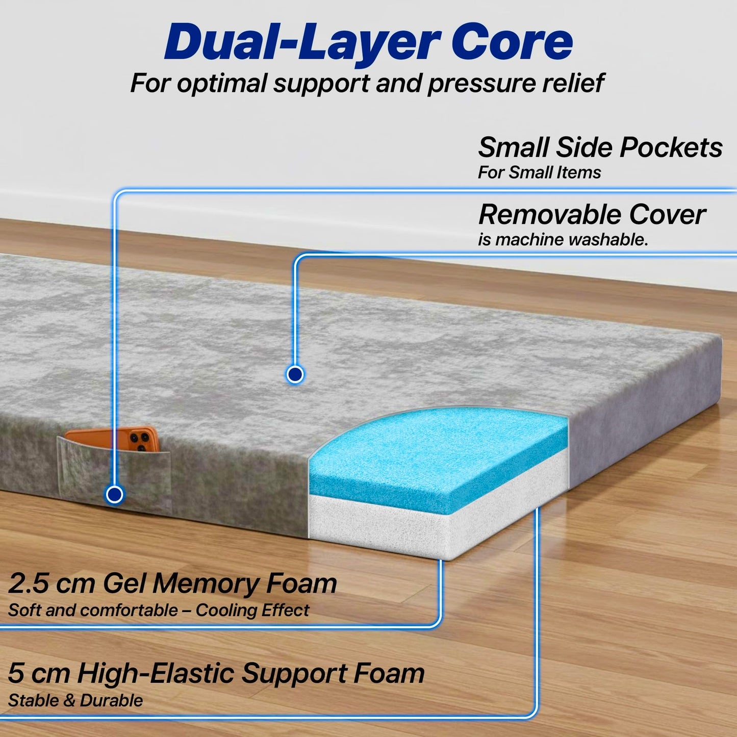 Unique Impression Single Foldable Gel Memory Foam Floor Mattress – Roll Up Topper Pad, Portable Guest Bed for Camping, Camper Van & Home