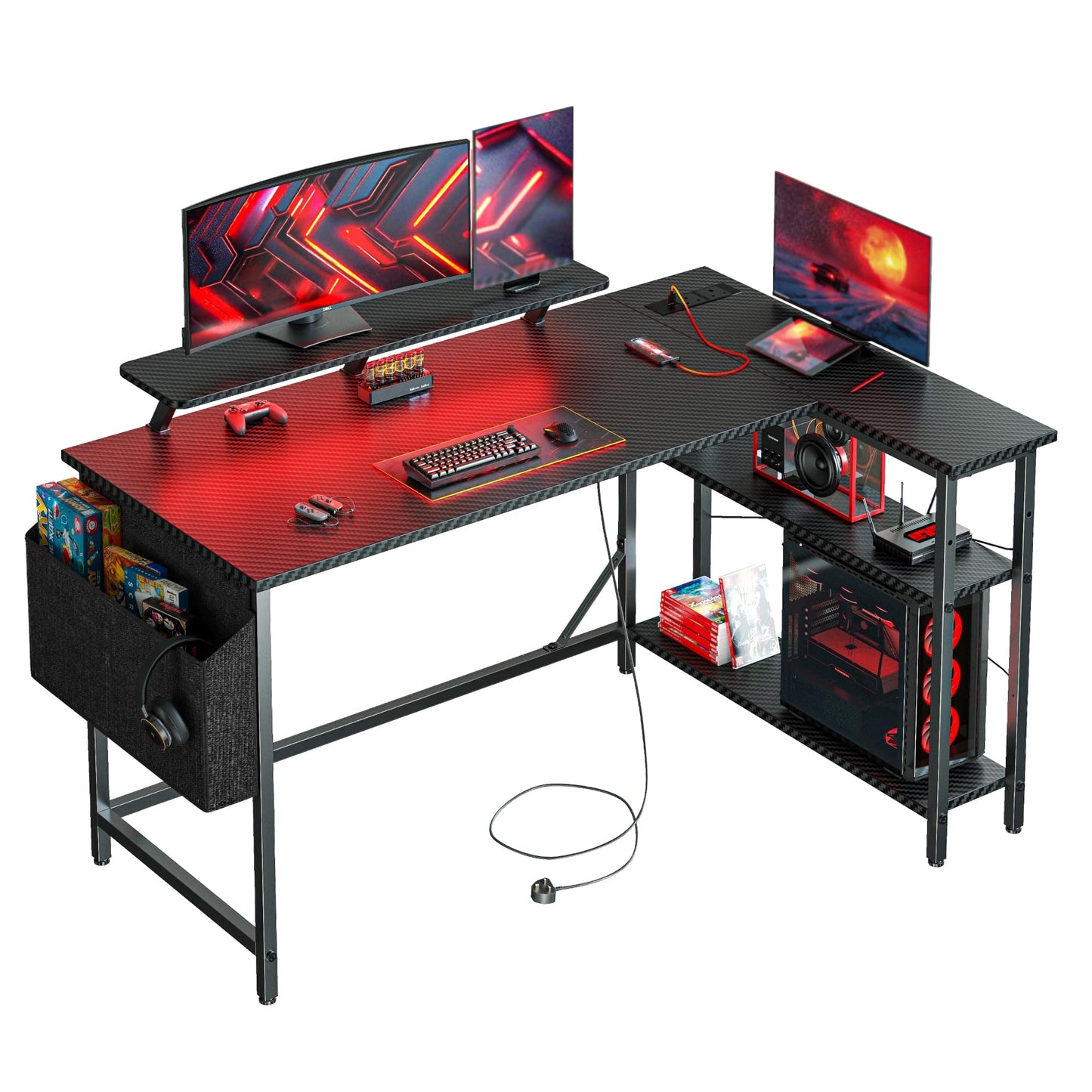 DOMSHOCT L Shaped Gaming Desk with LED Lights & Power Outlets, 140*80cm Corner Computer Table with Storage Bag & Adjustable Shelves & Large Monitor