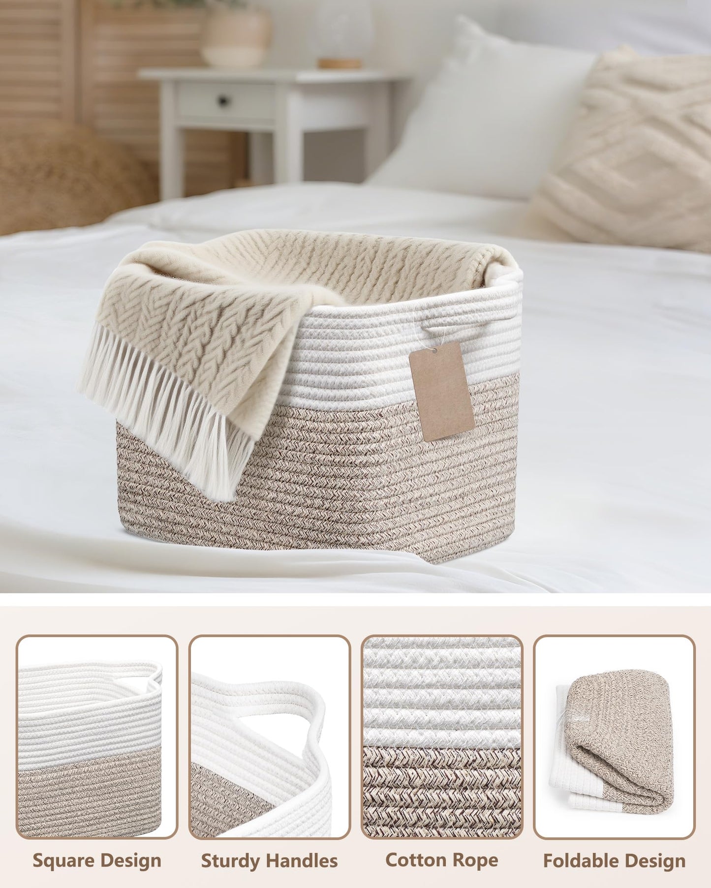 JOJOSEE Small Cotton Rope Woven Storage Basket for Shelves, White&Brown