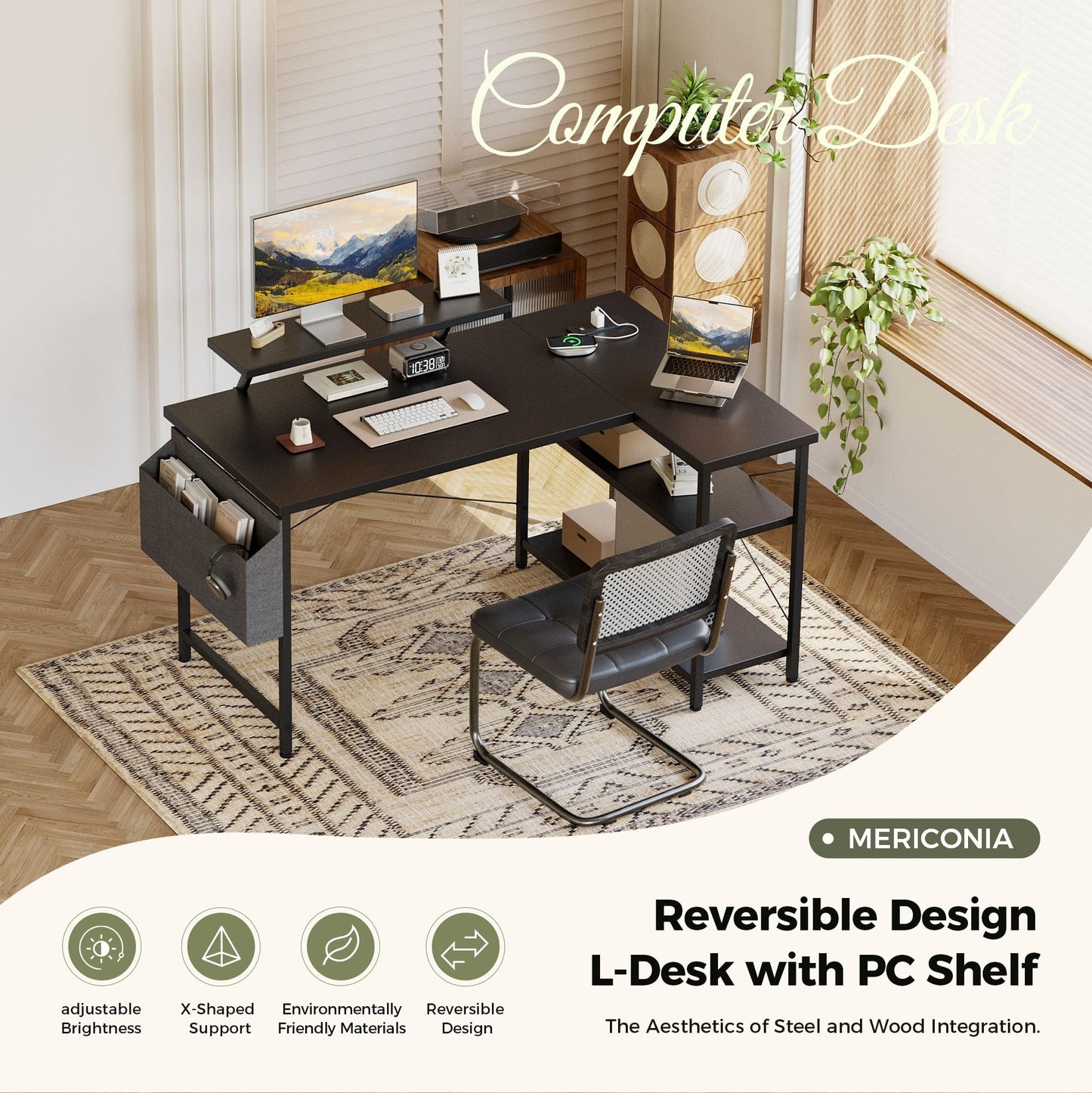Mericonia Corner Desk, w. Monitorstand & Built-in Socket, 100x70cm, Black