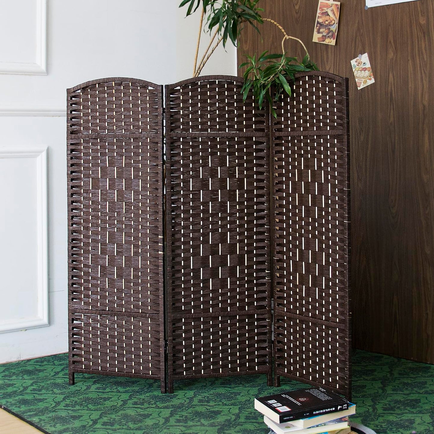 Furnnylane 3 Panel Dark Brown Rattan Divider Short Room Partition Screen,Double Sided Short Folding Divider for Room Separation,120 cm Tall