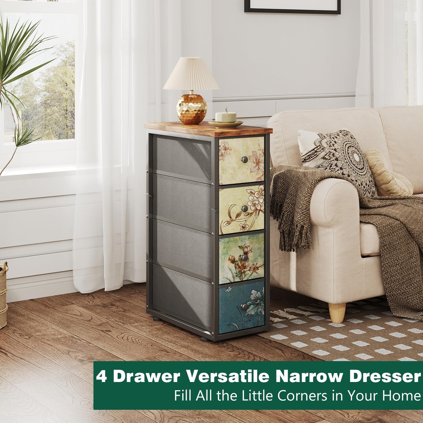COTUBLR Chest of Drawers with 4 Drawers Tall Dresser for Bedroom Retro Floral Pattern Clothes Storage Organiser Unit for Living Room Entryway Closet