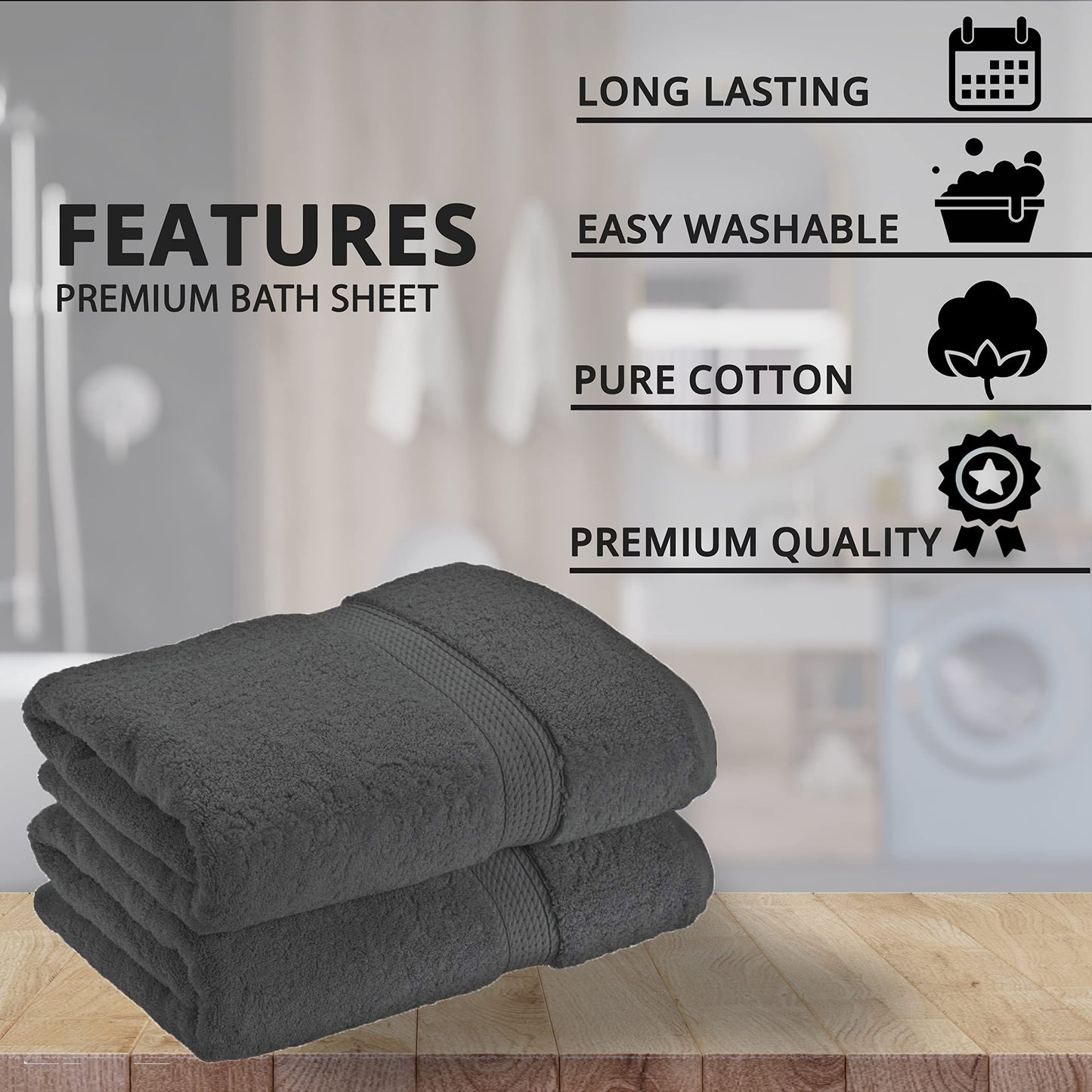 NAUSHA 2 x Super Large Bath Sheets Towels (80 x 140cm) 100% Egyptian Cotton 600 GSM (Charcoal Grey)