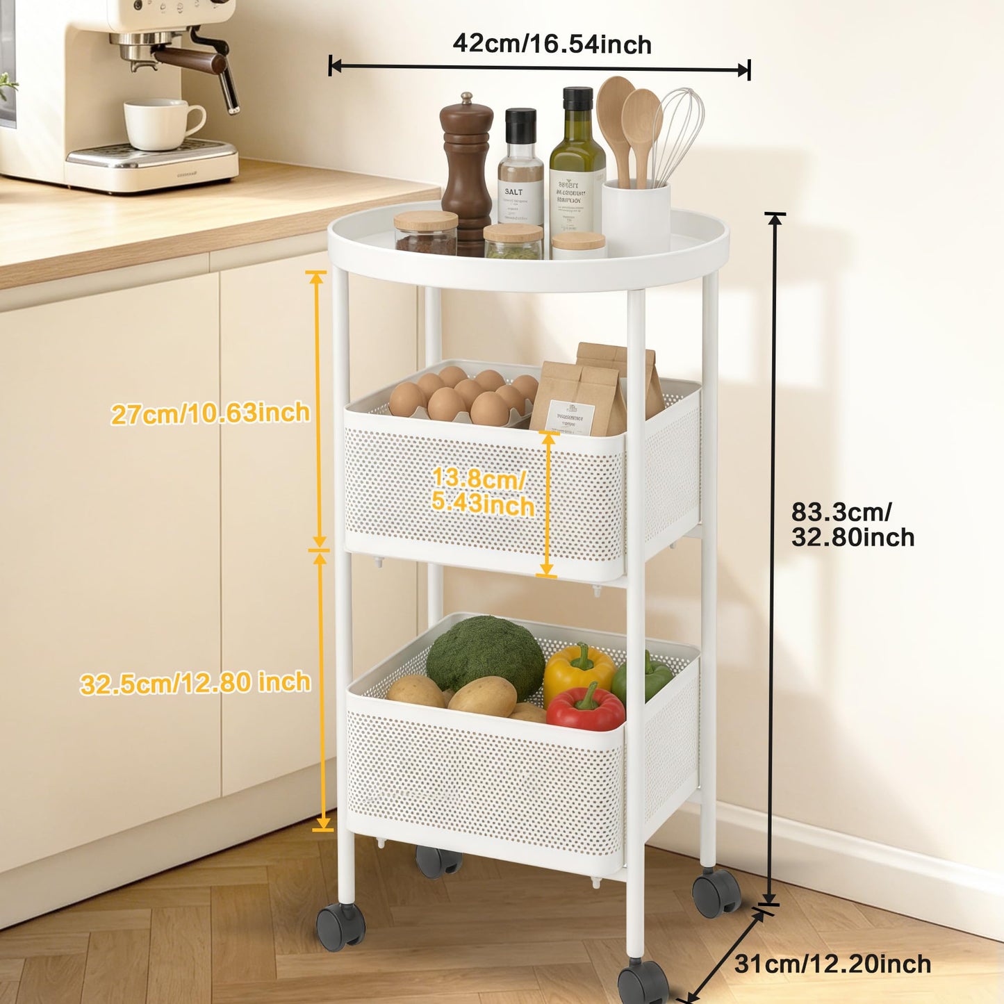 PLSOPPKG 3 Tier Rolling Cart, Metal Utility Storage Carts with Wheels, Craft Cart Organizer, Mesh Basket for Bedside Kitchen Office Art, Milky White