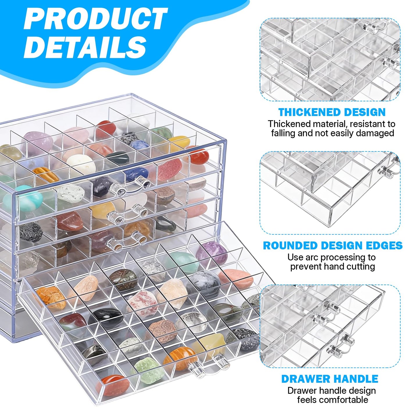 NEUSID Rock Display Case, 5 Drawers Rock Collection Box with 120 Grids Clear Acrylic Gemstone Crystal Jewellery Display Storage Cases for Rings