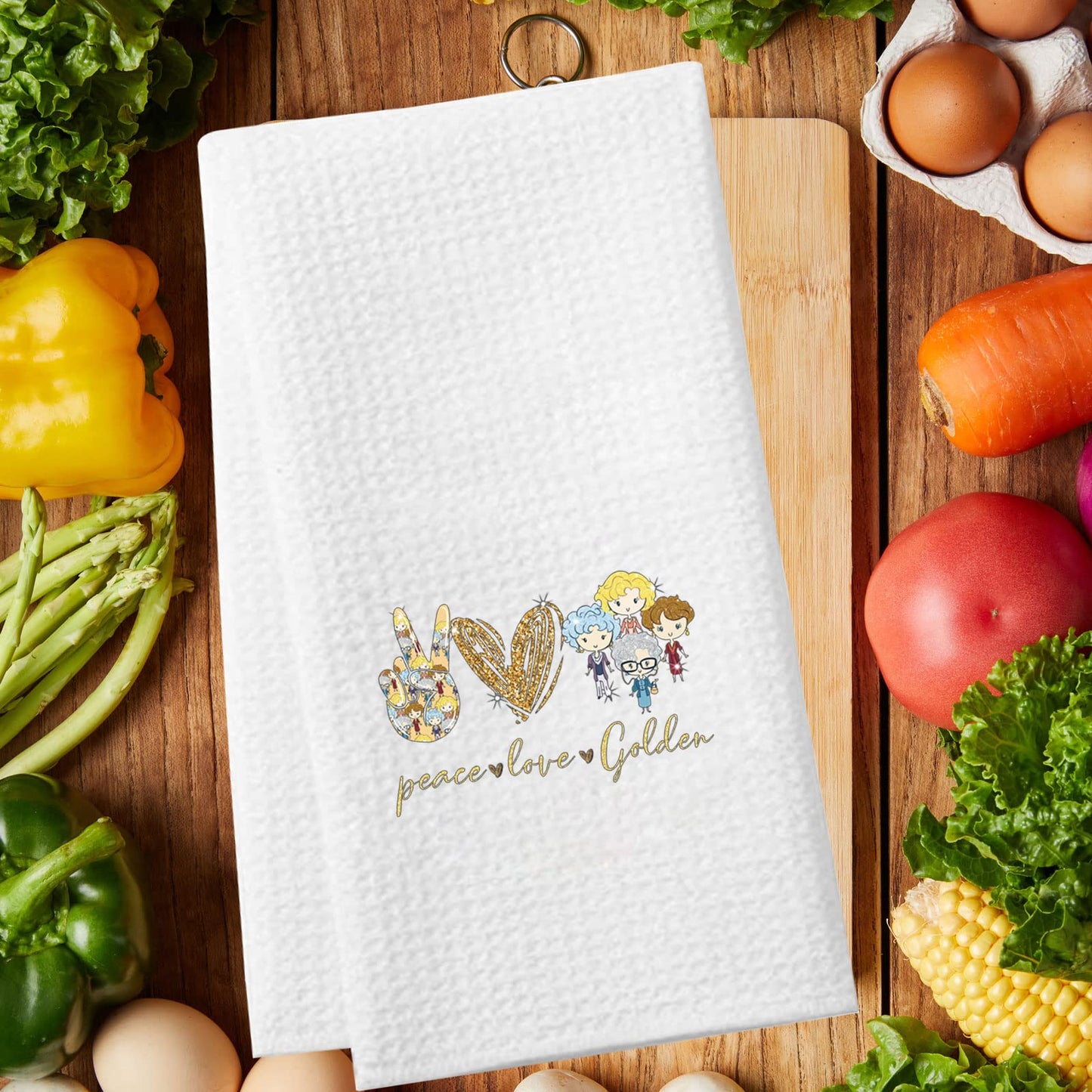 LEVLO Golden Girls Kitchen Towel Golden Girls Fans Gift Peace Love Golden Dish Towel Waffle Weave Golden Girls Kitchen Decor (Peace Love Golden)