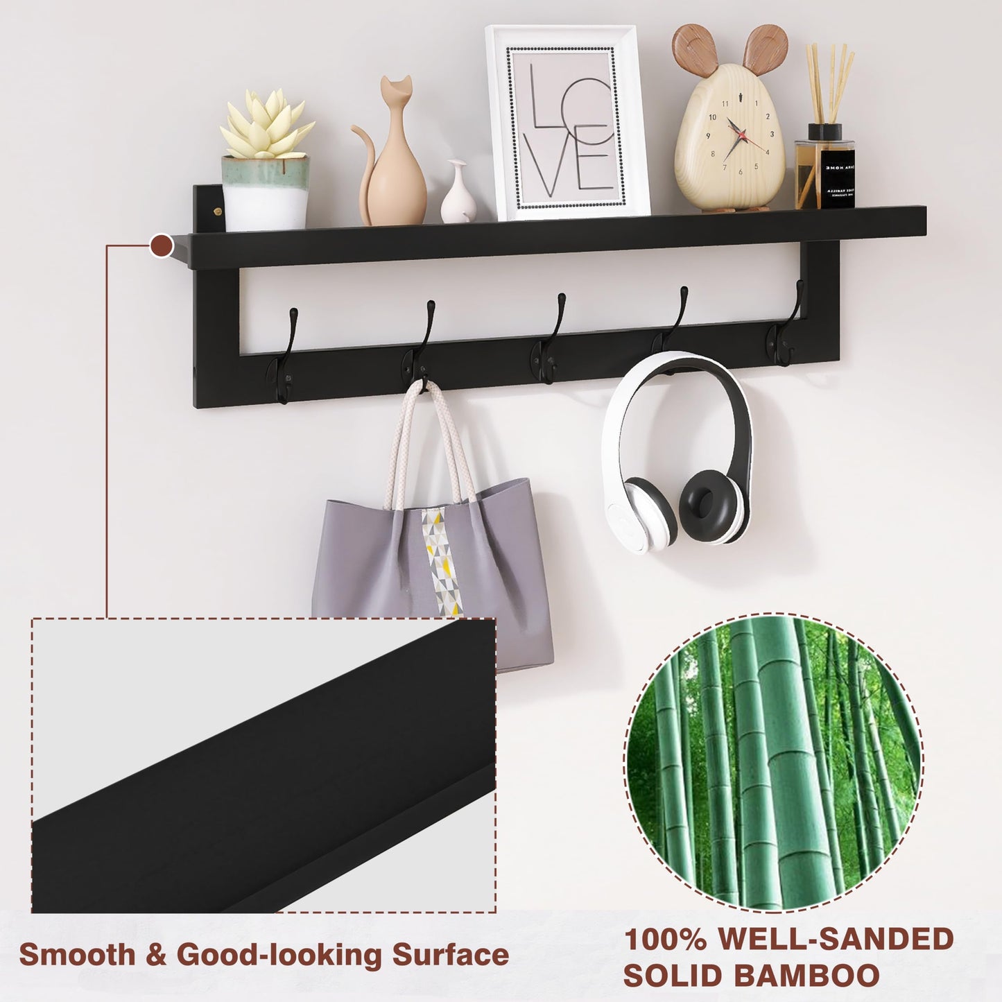 SMIBUY Coat Hooks with Shelf Wall-Mounted, 74 cm Entryway Coat Rack for Wall, Bamboo Hanging Shelf with 5 Double Metal Hooks for Bathroom, Bedroom