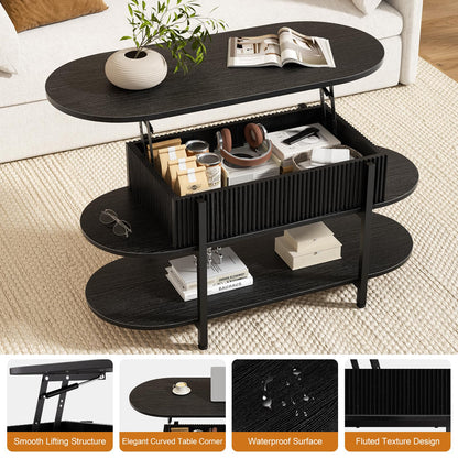 Mossora 106cm Oval Fluted Lift Top Coffee Table with Hidden Storage, Black