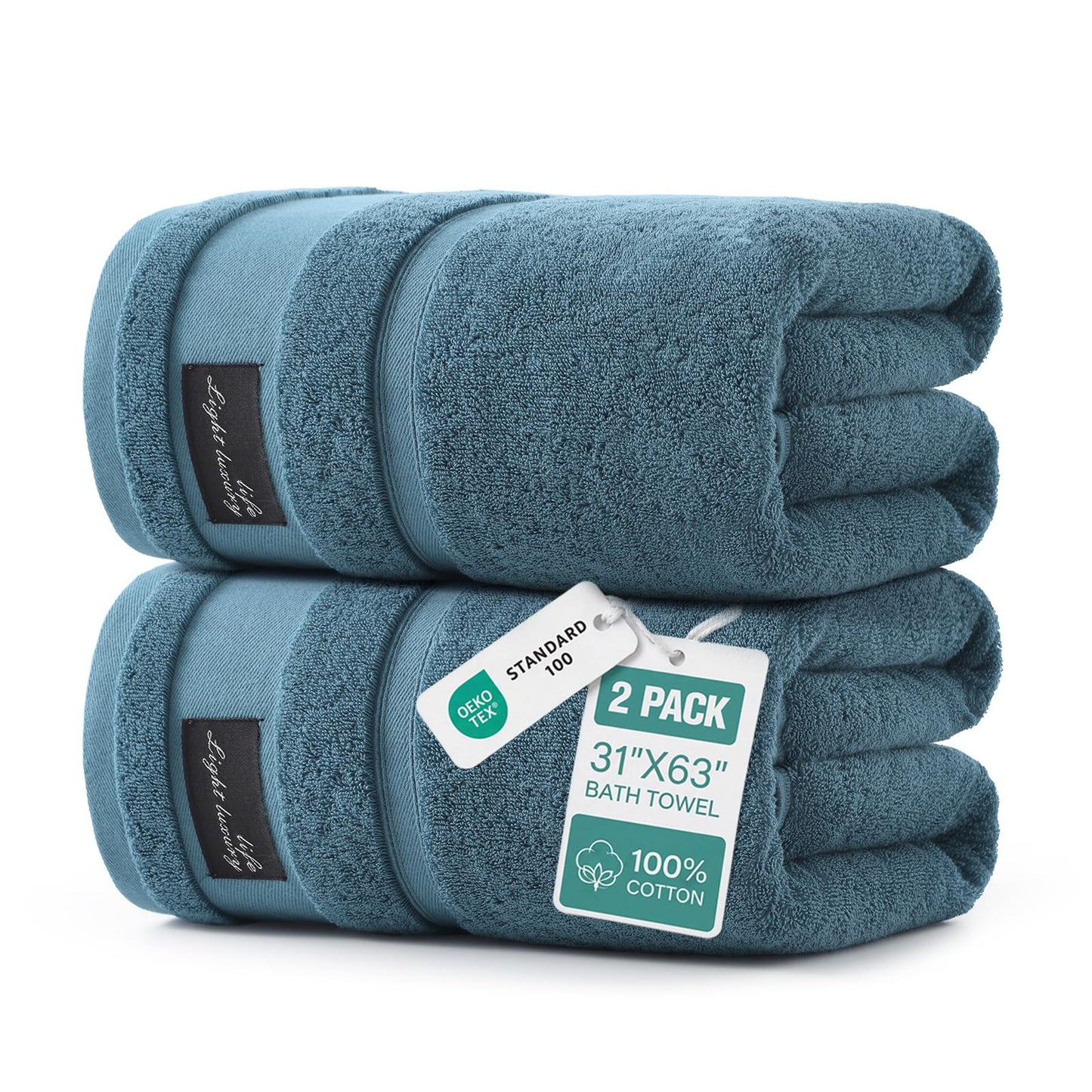 REDKISS 2-pack Blue Large Bath Towels-160 x 80CM Cotton Luxury Thick Towel