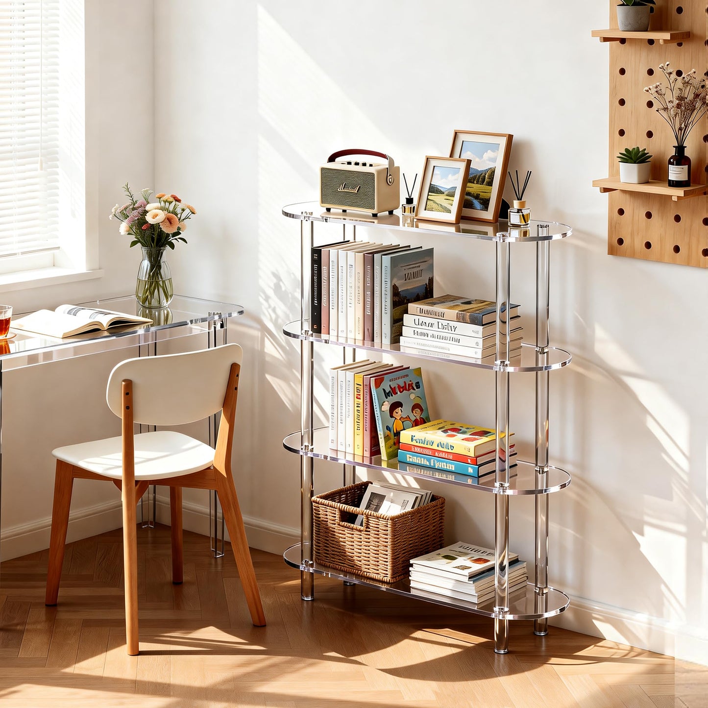 Clear Acrylic Bookshelf Bookcase, Narrow Oval, 4 Tier, 80 x 24 x 102 cm