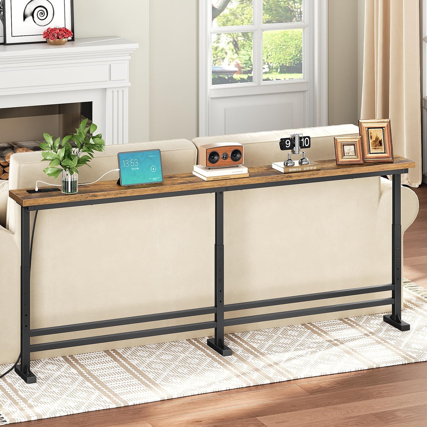 YATINEY 15 cm Slim Console Table, Height-Adjustable Behind Sofa Table, 180 cm Hallway Table, Narrow Long Sofa Table with Power Outlet