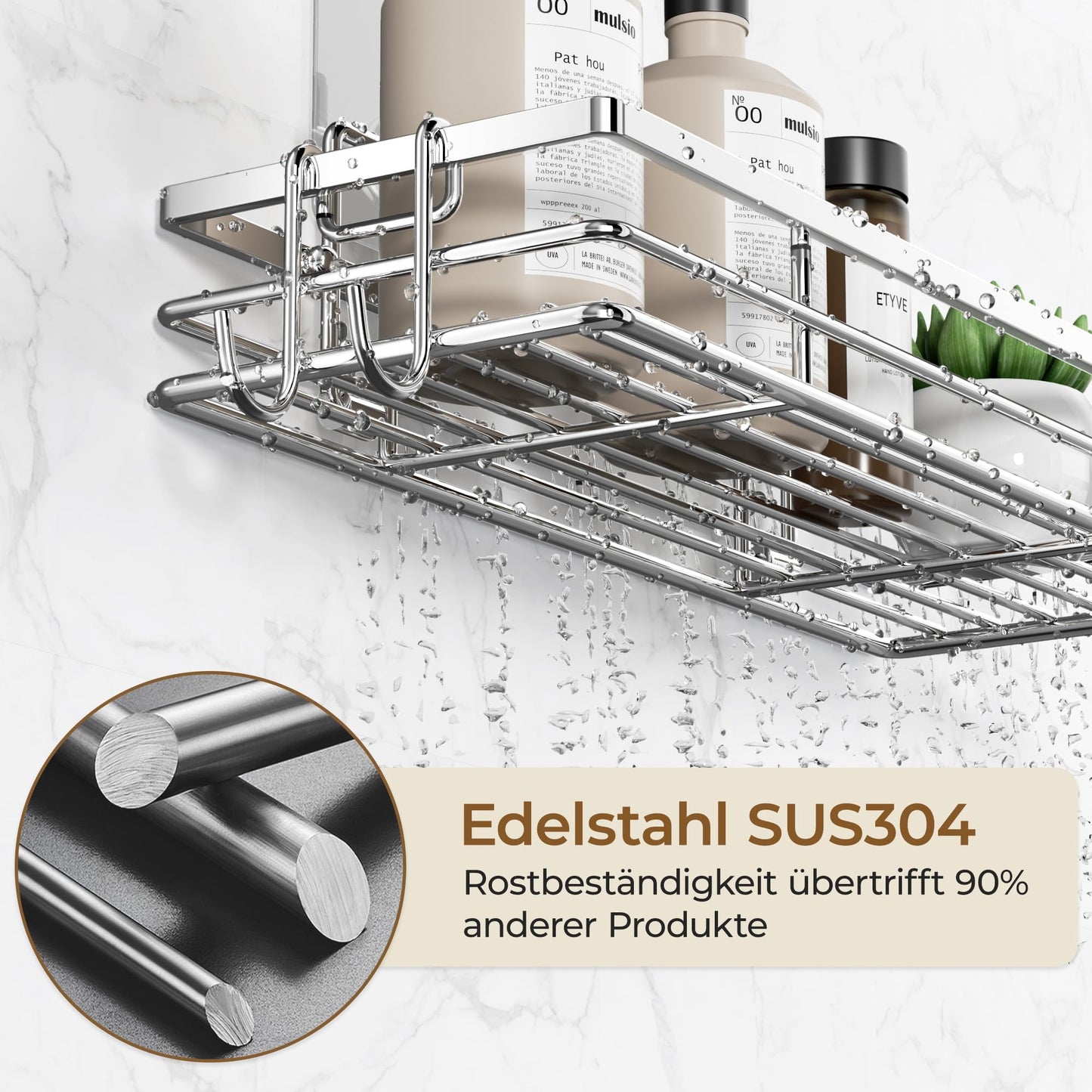 Shower Shelf 2-Pack SUS304 Stainless Steel With 2 Hooks Self-Adhesive Pads