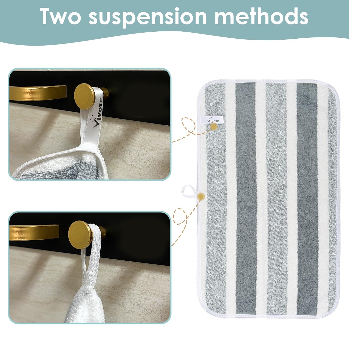 VIVOTE Microfibre Hand Towels for Bathroom with Hanging Loop Grey 3pcs