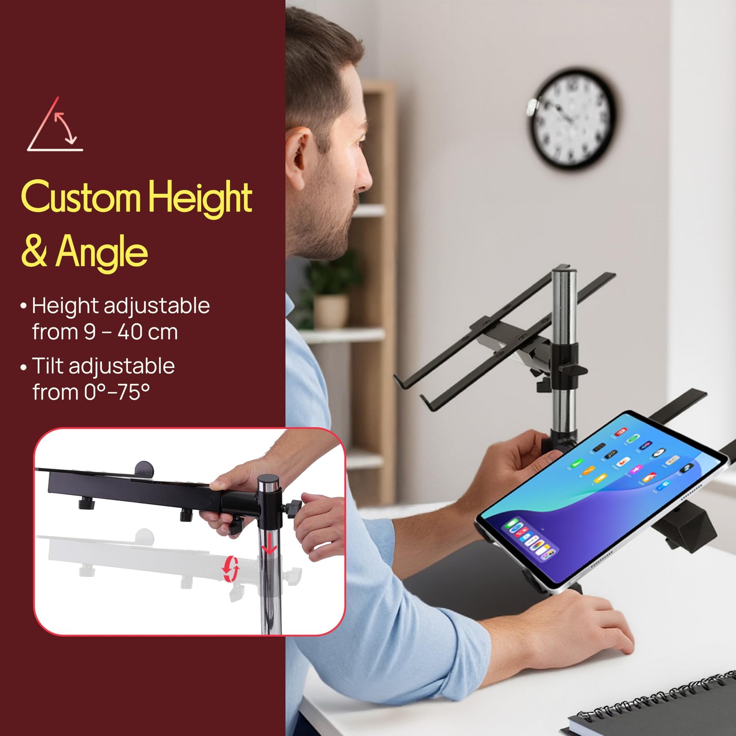 Pyle Dual Tray Laptop Stand Adjustable Height Portable Desk Mount Ergonomic Support for DJ Mixer Workstation Gaming Treadmill Setup