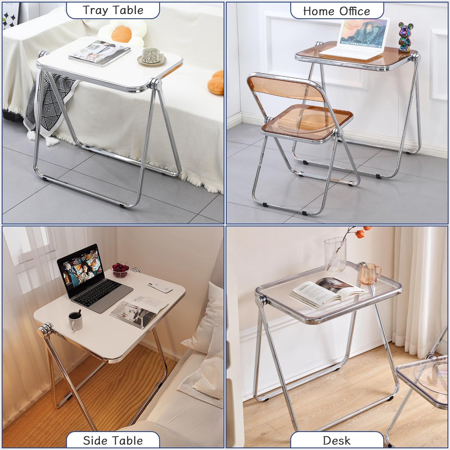 KAIHAOWIN Folding TV Tray Table Clear Acrylic Foldable Table No Assembly Required Tiny Desk for Home Office Side Table Small Computer Desk for Small