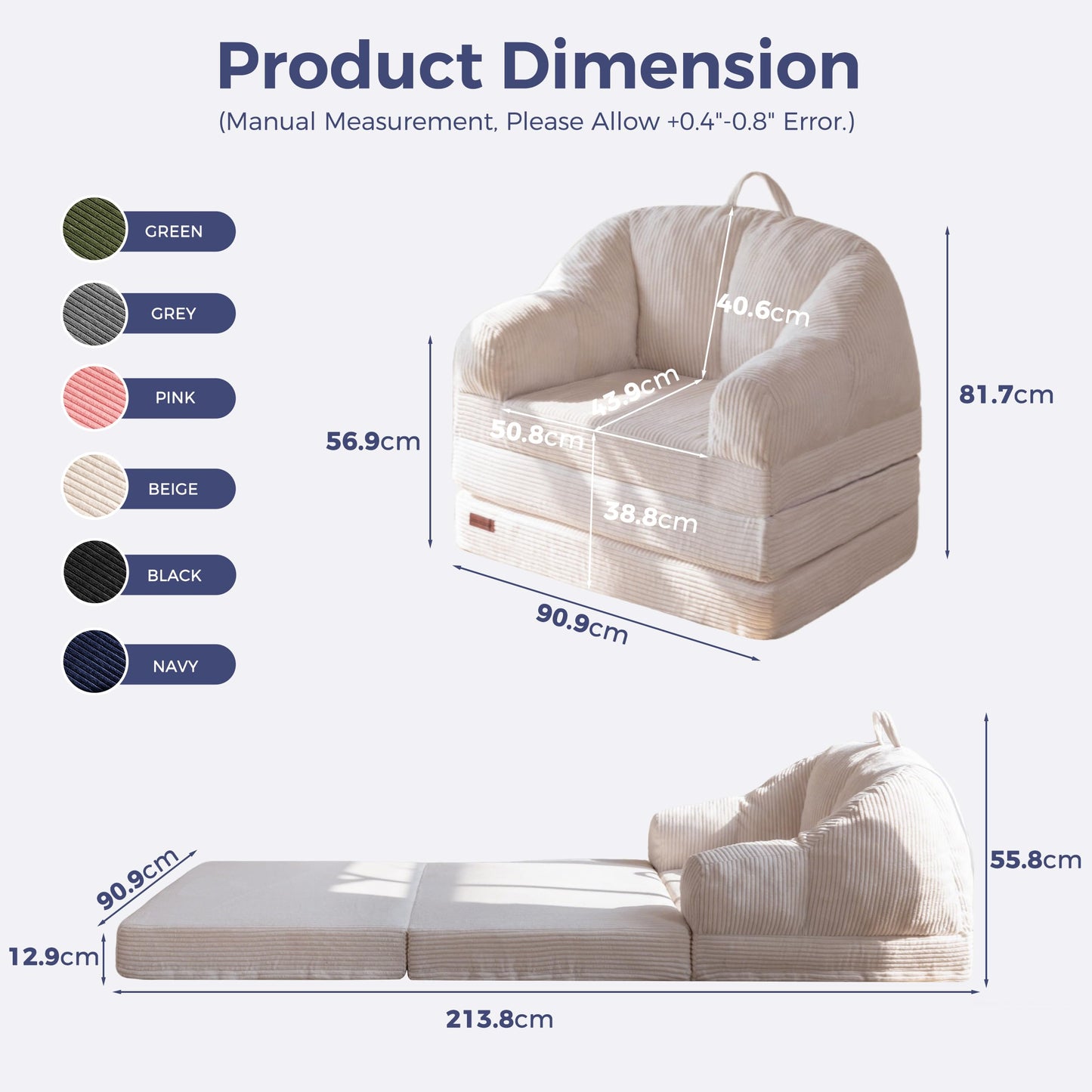 MAXYOYO Folding Sofa Bed with Backrest, Boneless Fold Out Couch Bed with Handle, 2 in 1 Convertible Bean Bag Chair to Floor Sofa Lounger