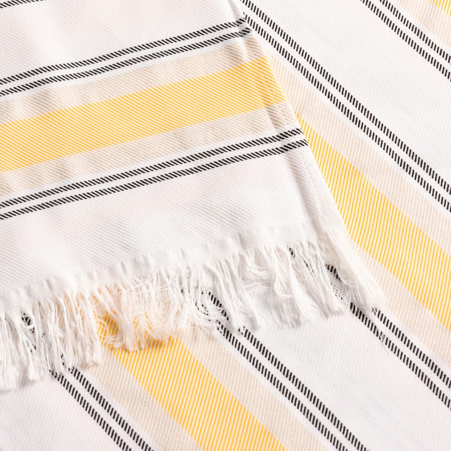 GAMUSI Rectangular Beach Towel - Bath Fouta - Tinted Yarn Embossed Fabric with Fringes - Yellow/White