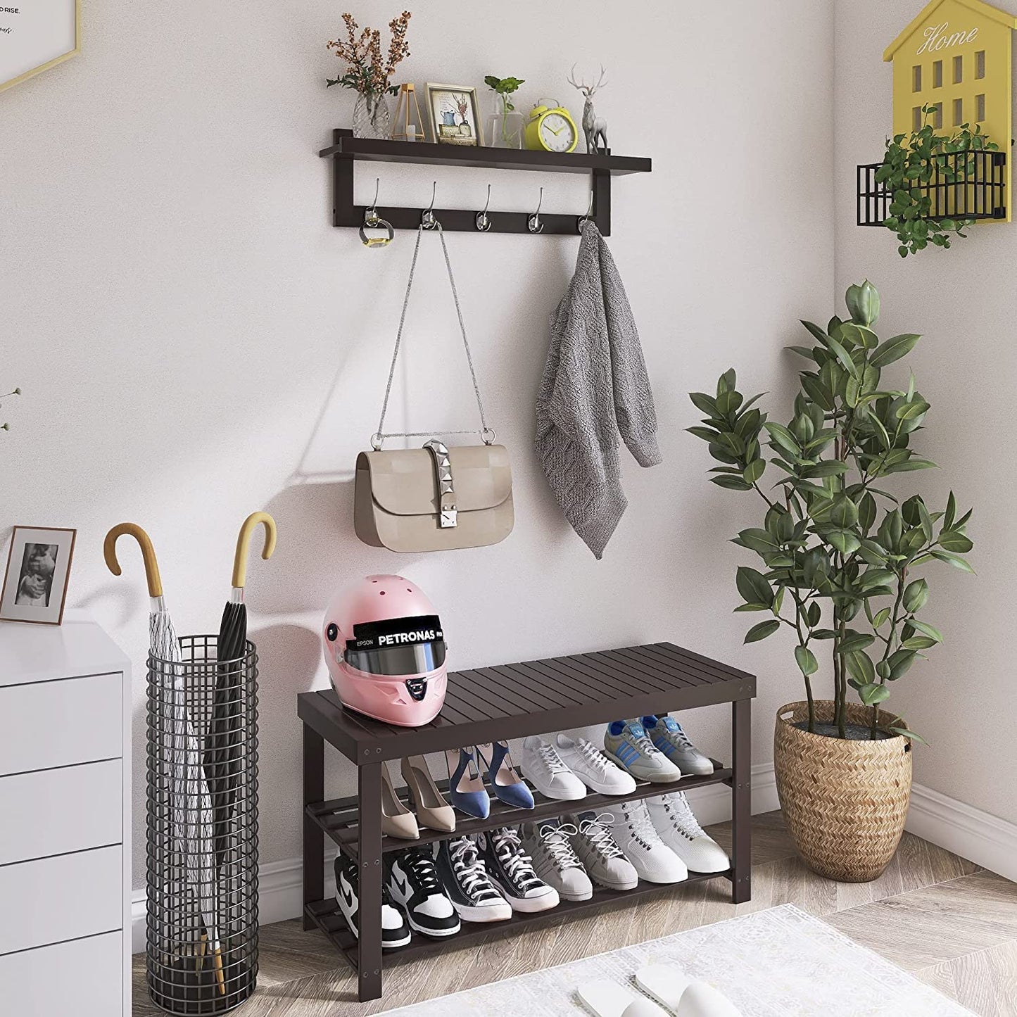 SMIBUY Coat Hooks with Shelf Wall-Mounted, 74 cm Entryway Coat Rack for Wall, Bamboo Hanging Shelf with 5 Double Metal Hooks for Bathroom, Bedroom