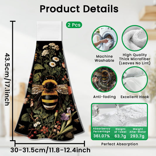 CUTHOLLOW 2 Pcs Bees and Flower Hanging Kitchen Towels with Loop