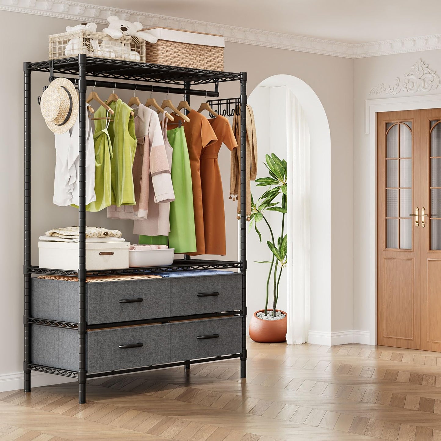 FTEYUET Clothes Rail Heavy Duty for Hanging Clothes with 4 Fabric Drawers